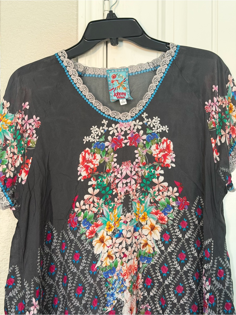 Johnny Was Black Floral Embroidered Tunic with Multicolor Bouquet